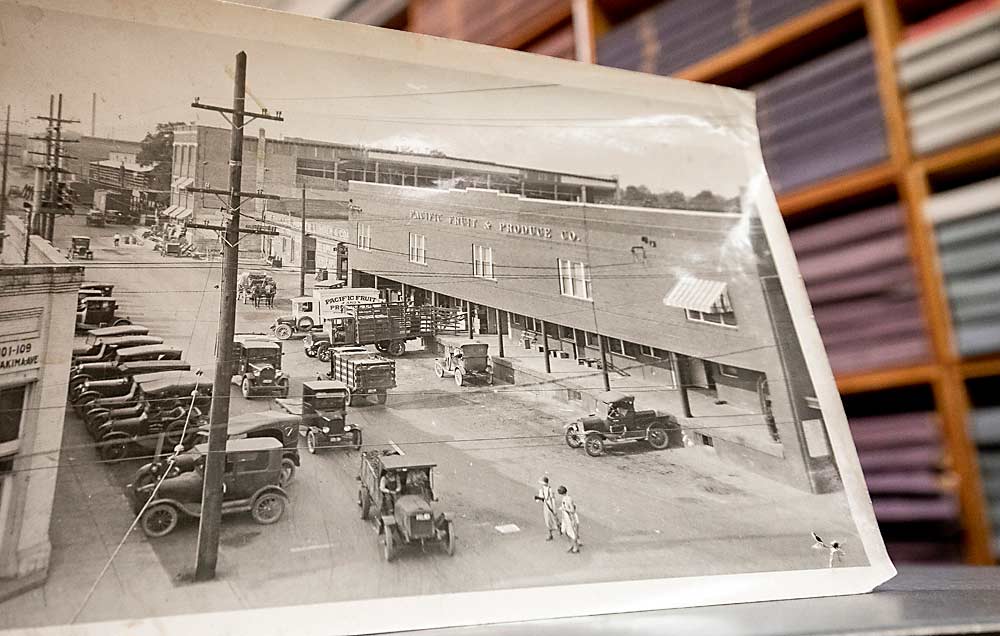 The Pacific Fruit and Produce Co. building on the corner of Yakima Avenue and First Avenue in Yakima, Washington, shown in this historic photo at the Yakima Valley Museum, anchors a proposed historic designation for the city’s Fruit Row, a stretch of warehouses along First Avenue and the railroad tracks. Today, the Washington State Department of Ecology and other agencies use the building. (TJ Mullinax/Good Fruit Grower)