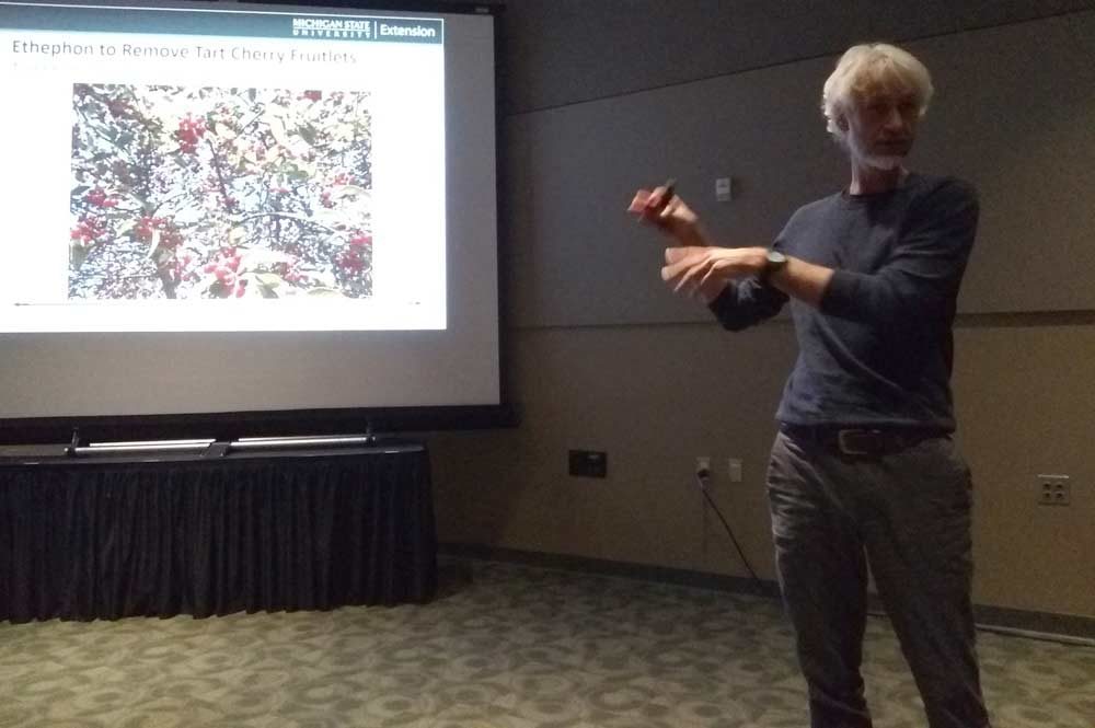 MSU's Todd Einhorn is discussing ethephon for fruit removal in tart cherries on day 2 of GLEXPO. (Matt Milkovich/Good Fruit Grower)