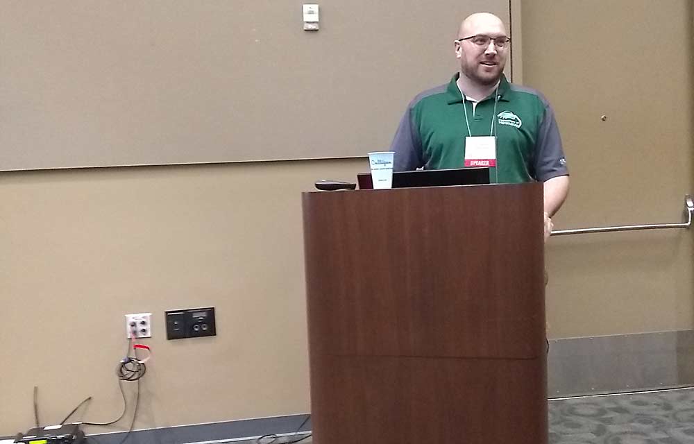MSU’s Chris Gottschalk discussed hard cider varieties and the red flesh breeding program during day three of the Great Lakes EXPO. (Matt Milkovich/Good Fruit Grower)