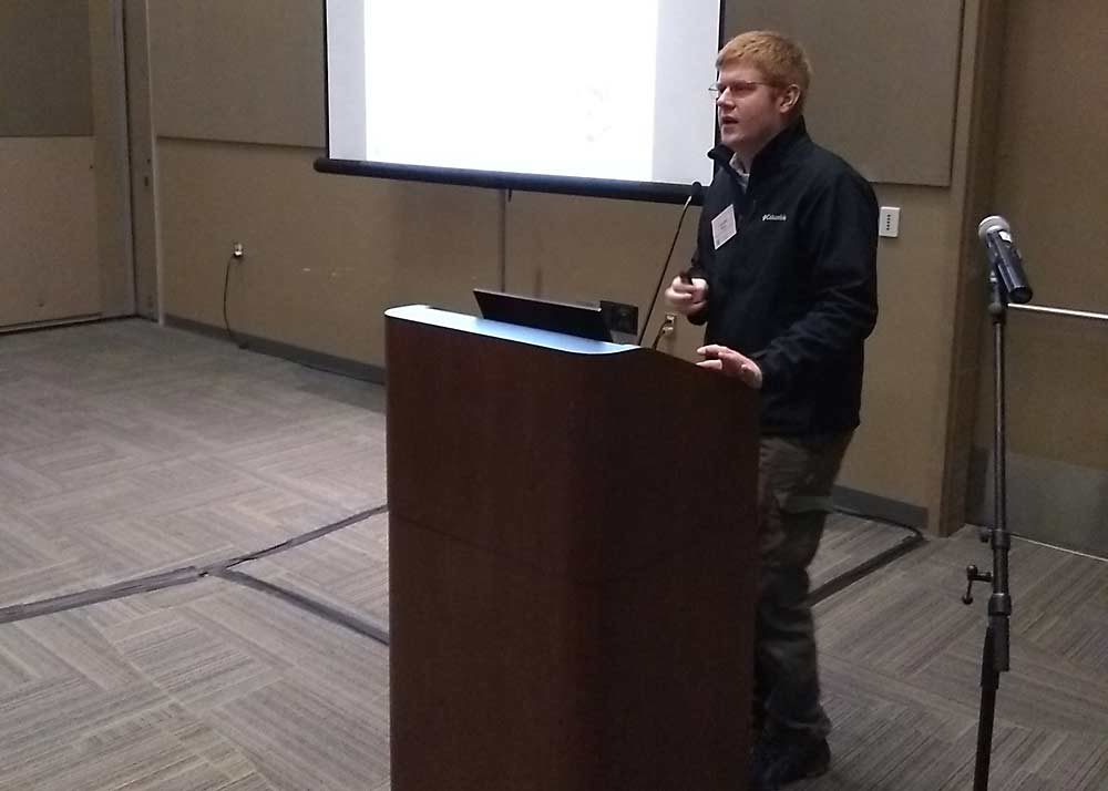 MSU's Tim Miles is talking fungicide resistance management in grapes at the first day of the Great Lakes EXPO in Grand Rapids, Michigan. (Matt Milkovich/Good Fruit Grower)