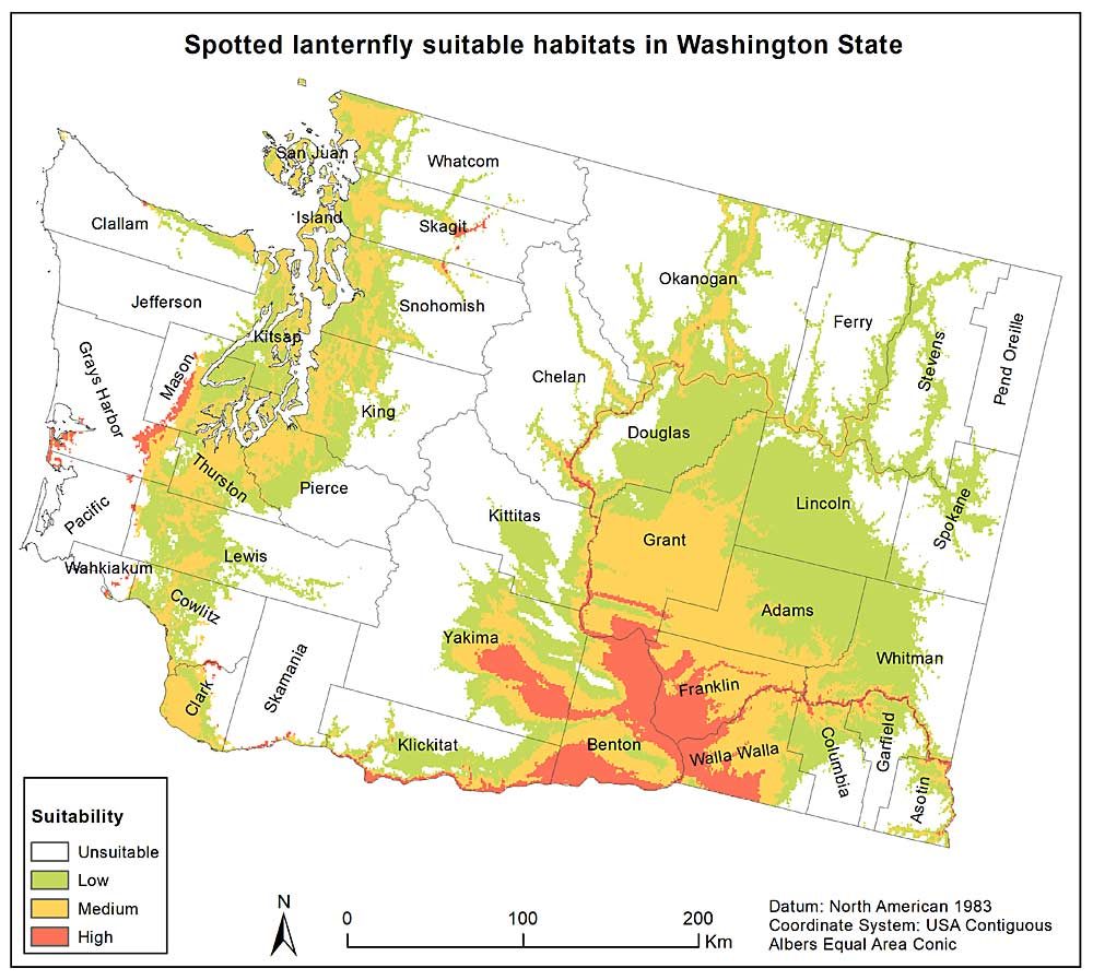 Figure 2 shows spotted lanternfly suitable habitat in Washington state. (Courtesy U.S. Department of Agriculture, Agricultural Research Service)