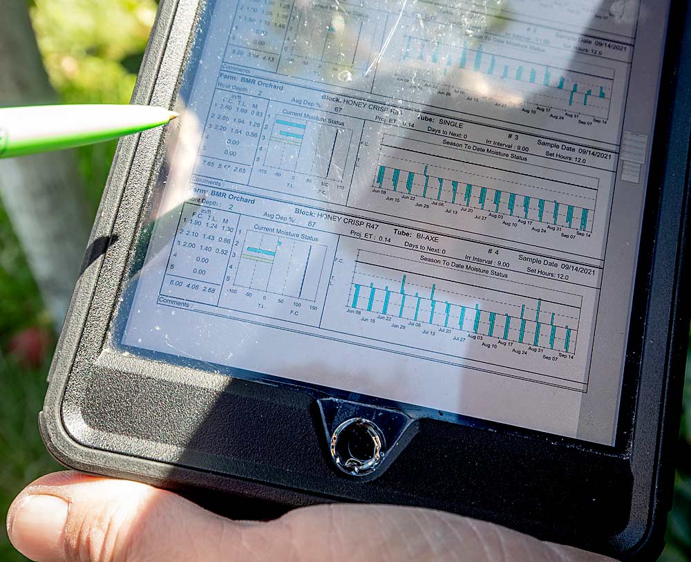 Mike Robinson points out intentionally low soil moisture levels on a tablet in his Honeycrisp block in September. Louvered netting panels allow him to cool without water, which in turn allows him to manage water, which allows him to manage nutrients, which allows him to manage bitter pit, fruit size and mildew. It’s all connected, he said. (TJ Mullinax/Good Fruit Grower)