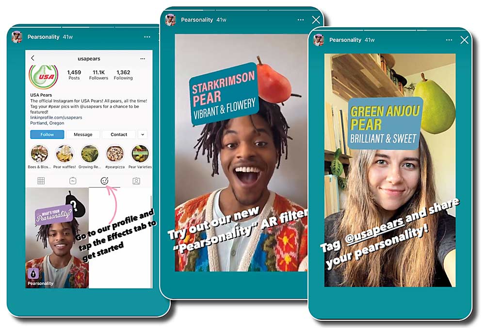 Using a playful filter on the social media platform Instagram to introduce consumers to pear varieties is part of USA Pears’ social media marketing efforts. (Courtesy Pear Bureau Northwest)