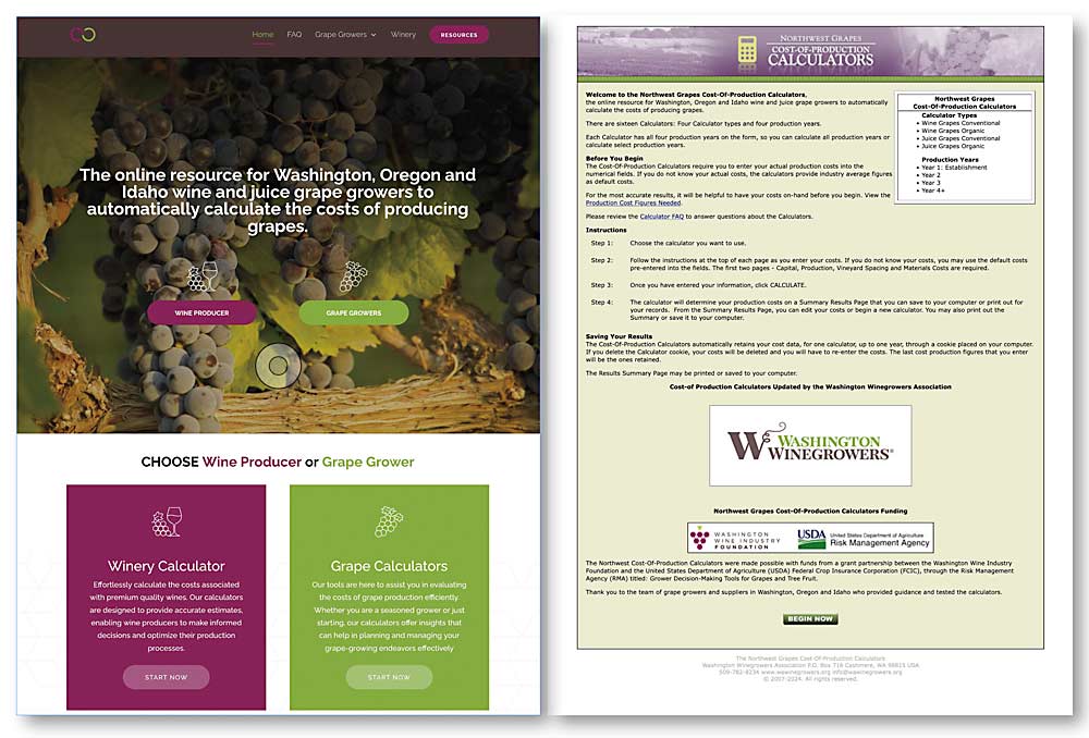 The new web portal for the calculator, left, marks the first upgrade of the old version, right, since 2011. Both existing URLs (nwgrapecalculators.org and nwwinerycalculators.org) will take users to the new website. (Ross Courtney/Good Fruit Grower)