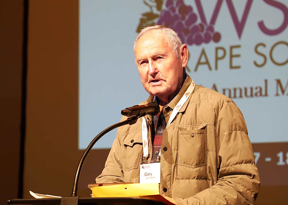 Gary Schrimsher was honored with the Lloyd H. Porter Grower of the Year award by the Washington State Grape Society on Nov. 17, 2022, in Grandview, Wash. <b>(Kate Prengaman/Good Fruit Grower)</b>