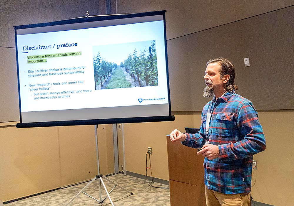 Penn State assistant teaching professor of viticulture Cain Hickey discusses spring freeze mitigation strategies in vineyards during the Great Lakes Fruit, Vegetable, and Farm Market EXPO in Grand Rapids, Michigan, in December. (Matt Milkovich/Good Fruit Grower)