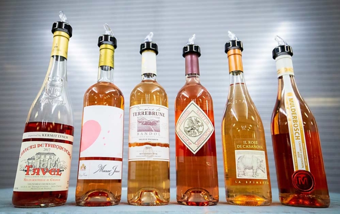 Barnard Griffin’s 2018 Rosé of Sangiovese stands alone as the only U.S.-grown wine among several international wines sampled during the panel and tasting. Each rosé presented contrasting color and flavor profiles to educate attendees about the wide range of possibilities in this wine category. Winery, variety and location listed from left: Château de Trinquevedel, Grenache and Cinsault, Tavel, France; Chateau Musar Jeune Rosé, Cinsault and Mourvèdre, Bekaa Valley, Lebanon; Domaine de Terrebrune, Mourvèdre, Grenache and Cinsault, Ollioules, France; Barnard Griffin Rosé, Sangiovese, Columbia Valley, Washington; La Spinetta Casanova, Sangiovese and Prugnolo Gentile, Casanova, Italy; Mulderbosch, Cabernet Sauvignon, Stellenbosch, South Africa. (TJ Mullinax/Good Fruit Grower)