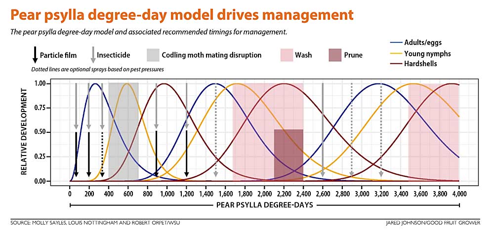 이 차트는 pear psylla degree-day 모델이 관리를 주도하는 방법을 보여줍니다.  (출처: Molly Sayles, Louis Nottingham 및 Robert Orpet/WSU; 그래픽: Jared Johnson/Good Fruit Grower)
