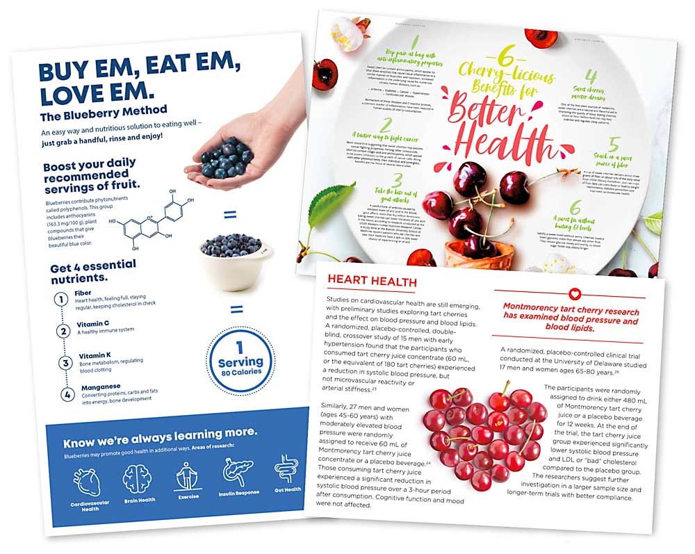 Clockwise from left, examples of promotional materials communicating the health benefits of U.S. highbush blueberries, Northwest sweet cherries and U.S. Montmorency tart cherries. (Courtesy U.S. Highbush Blueberry Council, Northwest Cherry Growers and Cherry Marketing Institute)