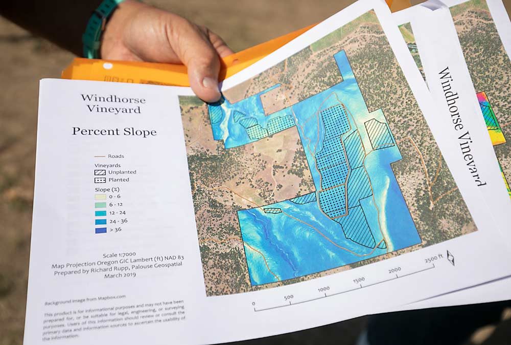 Busacca shows a map of his established and planned plantings as of September. (TJ Mullinax/Good Fruit Grower)