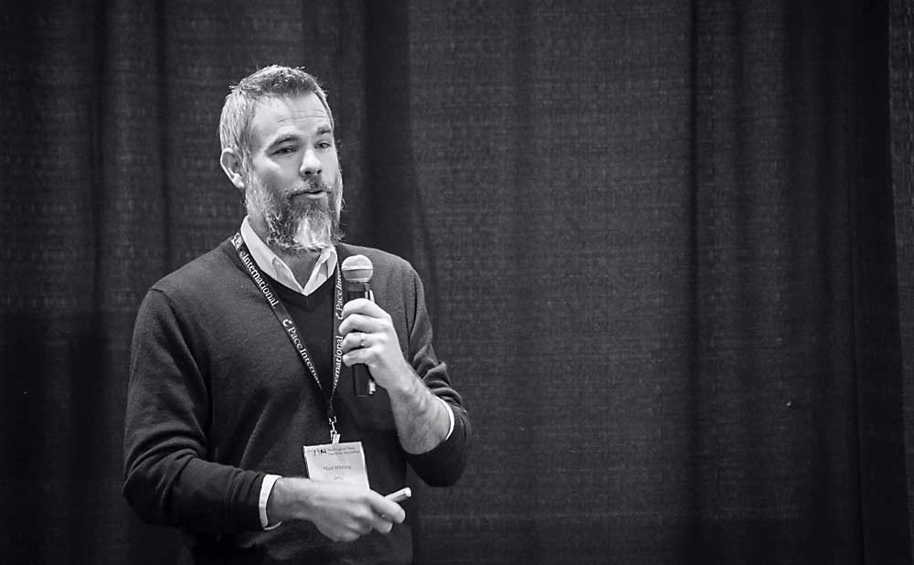 Matt Whiting, WSU, discusses the floral structure of a typical stone fruit blossom during his pollination session at the 2019 Hort Show. (TJ Mullinax/Good Fruit Grower)