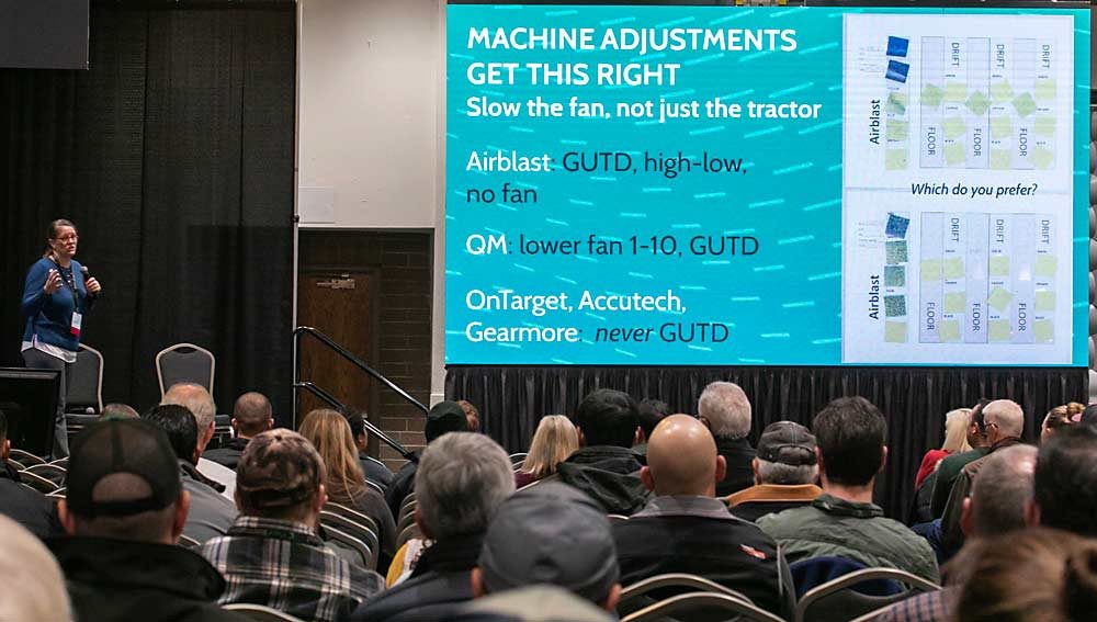 If you have these types of orchard sprayers WSU’s Gwen Hoheisel recommends you make these adjustments to “slow the fan, not just the tractor.” (TJ Mullinax/Good Fruit Grower)
