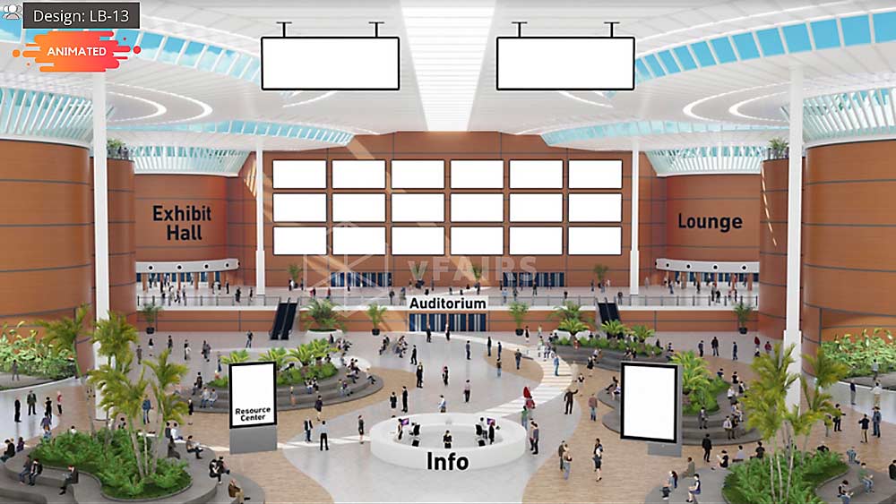 Courtesy vFairs The Great Lakes EXPO and the Washington State Tree Fruit Association Annual Meeting and NW Hort Expo will take place on virtual conference platforms that allow attendees to navigate the content by clicking around the digital rendering of a conference hall, such as this one designed by vFairs — the platform hosting both major tree fruit events this month. The idea is to make a virtual event intuitive. Need help? Head to the info desk, just as you would in person. The white boxes in this virtual lobby would contain conference links, advertisements and attendee resources similar to a conference hall. (Courtesy vFairs)