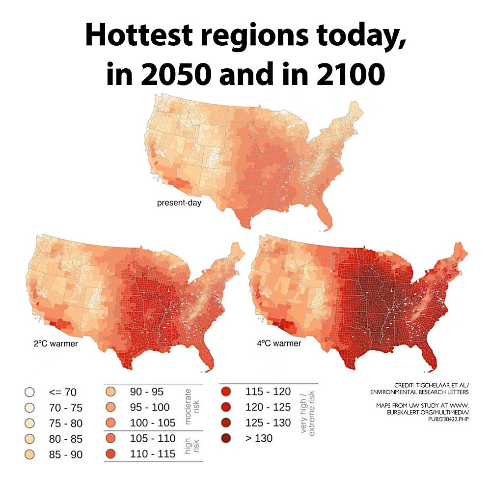 The first map shows the maximum daily heat index, in degrees Fahrenheit, that is the threshold for the top 5 percent of the hottest days in May through September. Other maps show the same value projected for 2 degrees Celsius warming, in 2050, and for 4 degrees Celsius warming, in 2100. The colors reflect federal health and safety recommendations for outdoor workers. (Source: Michelle Tigchelaar et al.)
