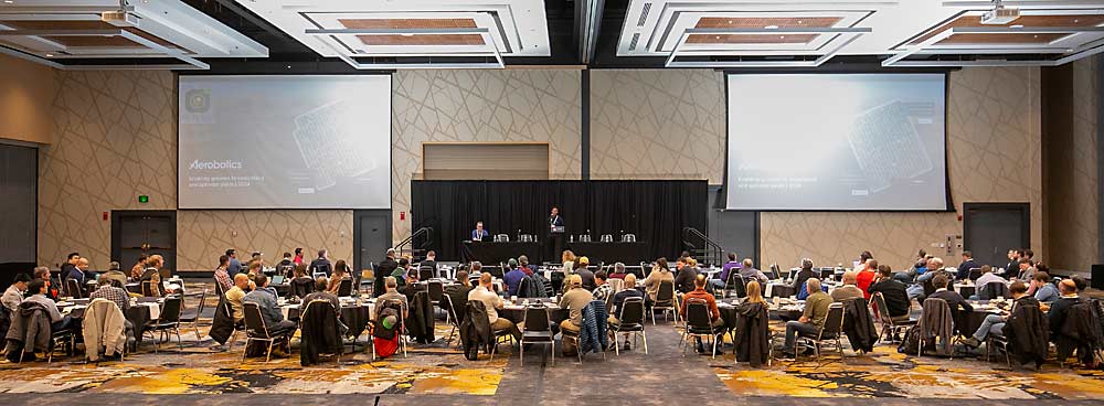 Sean Olivari of Aerobotics, a drone-based imaging company, talks to the International Fruit Tree Association during a precision orchard technology workshop. (TJ Mullinax/Good Fruit Grower)