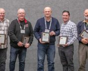 Industry leaders honored at the International Fruit Tree Association conference in Yakima, Washington, Feb. 14, from left to right: Dave Gleason, Outstanding Grower Award; Tom Auvil, Lifetime Achievement Award; Stefano Musacchi, Outstanding Researcher Award; Jeff Cleveringa, Industry Service Award; and Mauricio Frias, Outstanding Extension Educator Award. (TJ Mullinax/Good Fruit Grower)
