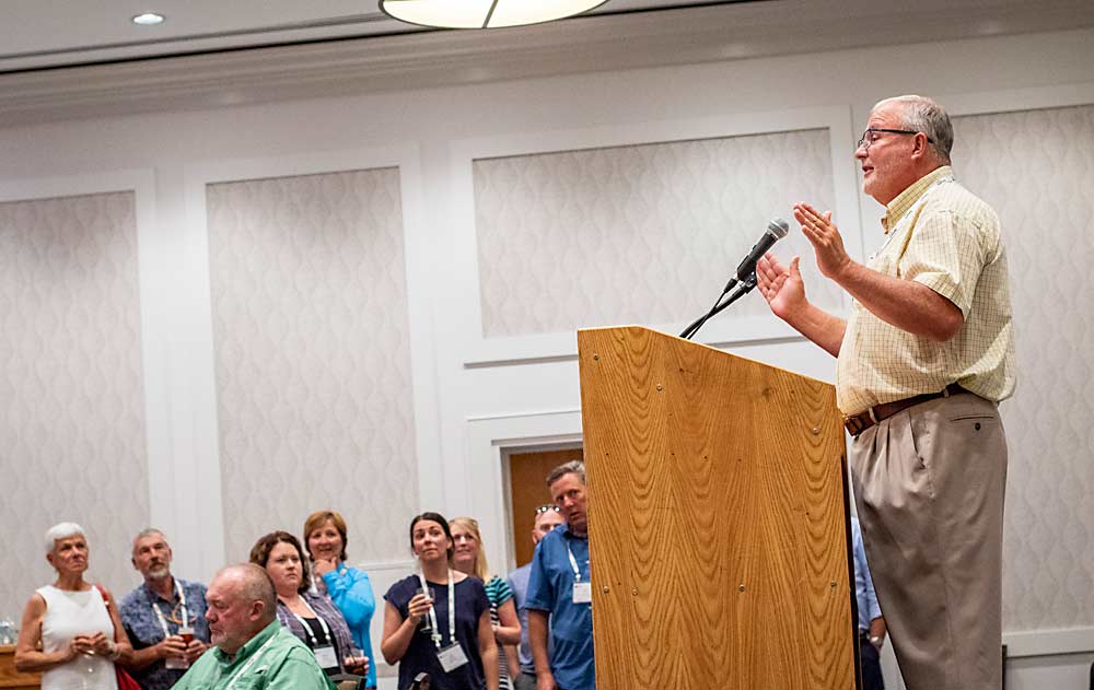 Farrow’s willingness to share his insights and experience with the industry, as he did during this 2018 International Fruit Tree Association summer tour in British Columbia, along with his leadership on increasing grower returns and precision horticulture, were recognized by the Good Fruit Grower advisory board. (TJ Mullinax/Good Fruit Grower)