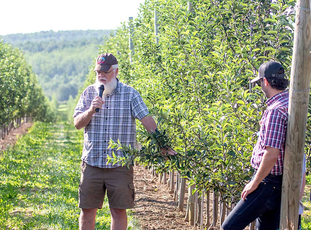 Nova Scotia grower Larry Lutz talks about pruning Ambrosia trees during the IFTA tour. Lutz and his son-in-law, Cassian Ferlatte, leaning against the pole on the right, learned that pruning Ambrosia after bloom can slow down vegetative growth and improve fruit quality. (TJ Mullinax/Good Fruit Grower)