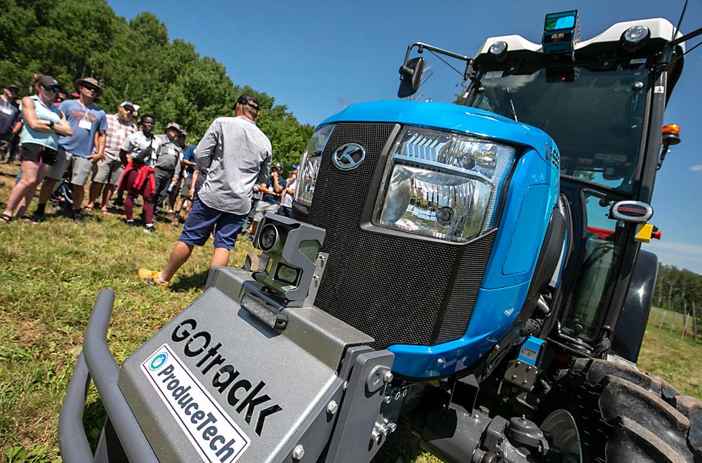 Drive the tractor through the route once, and GOtrack Auto Drive records the route. Next time, all you have to do is press play and the tractor will follow the prerecorded path to the end of the row. (TJ Mullinax/Good Fruit Grower)