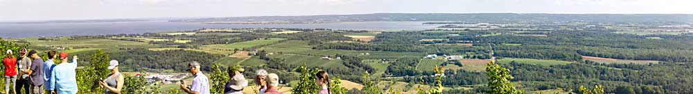 Most of Nova Scotia’s apples are grown on the slopes of the Annapolis Valley, seen here from the Blomidon Look-Off near the valley’s northeast corner. IFTA spent two days driving back and forth across the valley visiting orchards in July. (Matt Milkovich/Good Fruit Grower photo illustration)