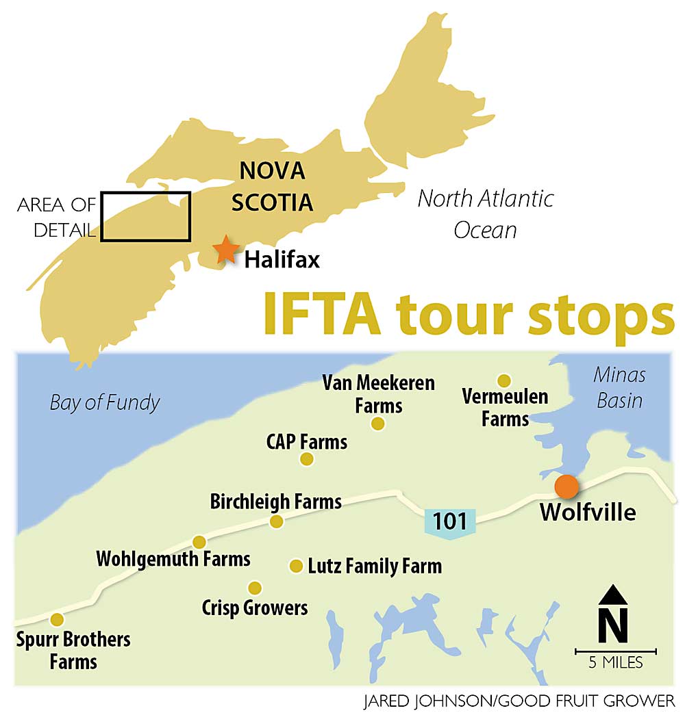 A map of the International Fruit Tree Association tour stops in Nova Scotia, Canada. (Graphic: Jared Johnson/Good Fruit Grower)