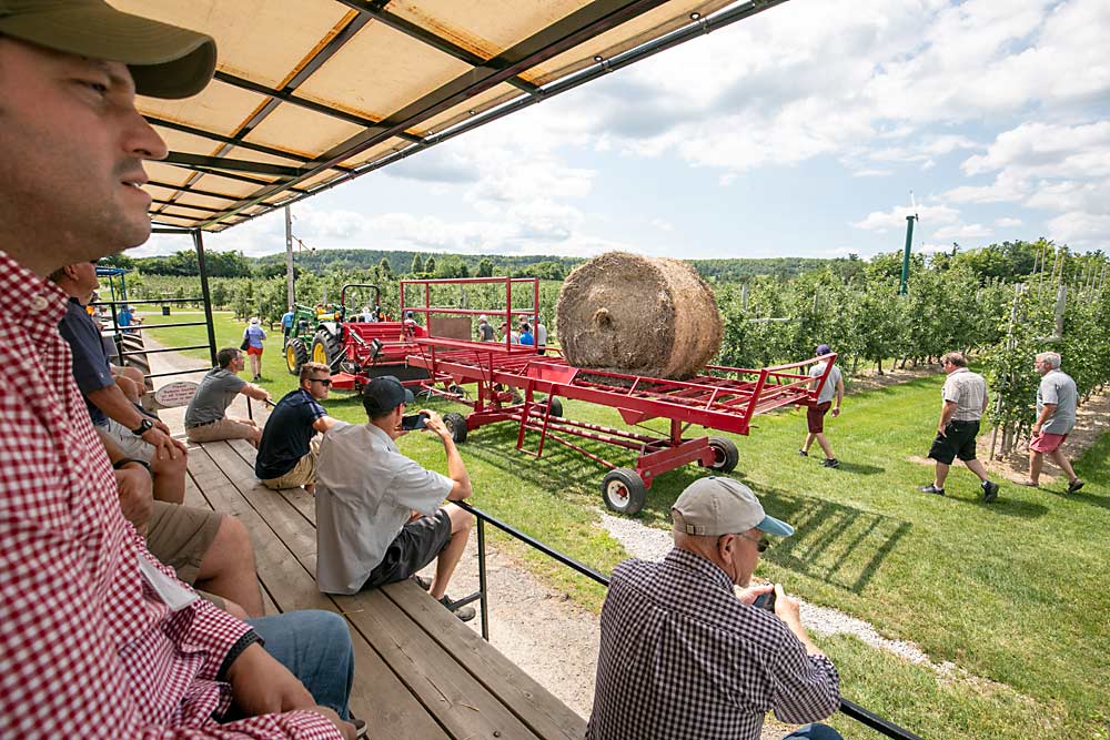 Chudleigh’s Farm uses a large hay spreader to help keep moisture in the soil near the tree roots. The farm has 18 acres of apple trees that are not irrigated. (TJ Mullinax/Good Fruit Grower)