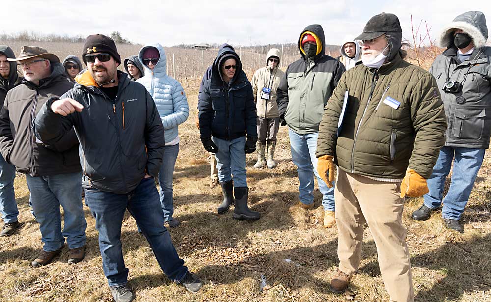 Grower Bruce Hollabaugh, left, and Penn State Extension educator Daniel Weber, right, talk about the NC-140 peach trial at Hollabaugh Bros., one of 12 such plantings spread across the state. Like a lot of growers, Hollabaugh doesn’t want to use ladders on peach trees and is intrigued by the possibilities of size-controlling rootstocks. (Matt Milkovich/Good Fruit Grower)