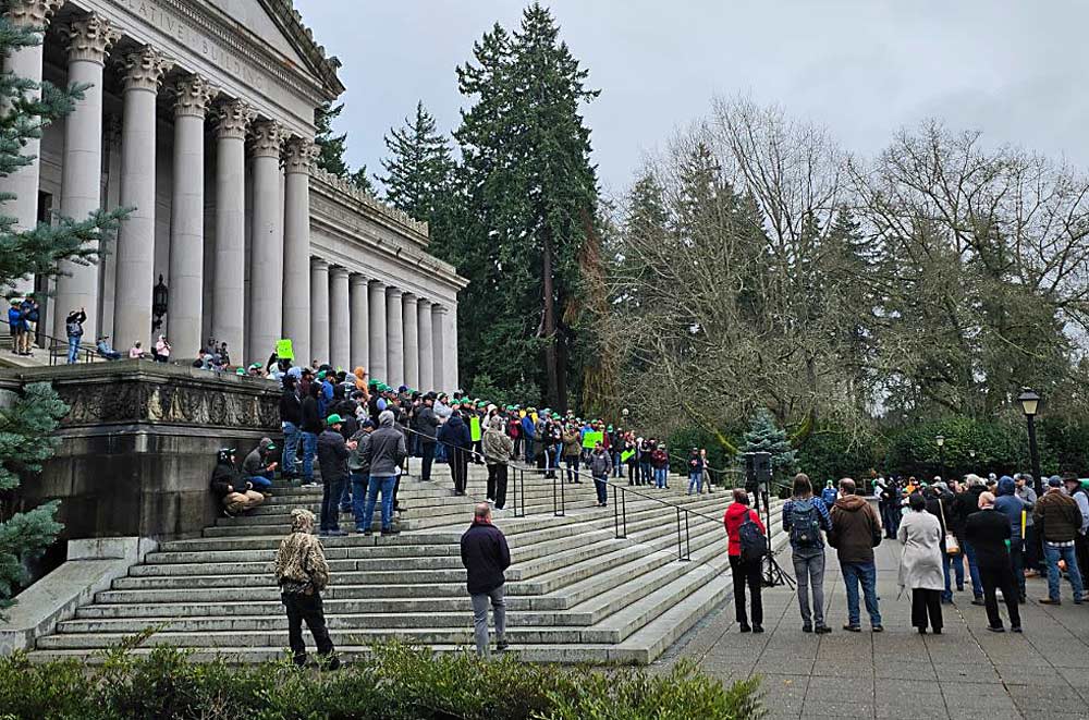 An estimated 200 people gathered at the state Capitol in Olympia on Jan. 25 in support of a seasonal exemption for Washington’s 40-hour overtime threshold. (Courtesy Roxana Macias/wafla)