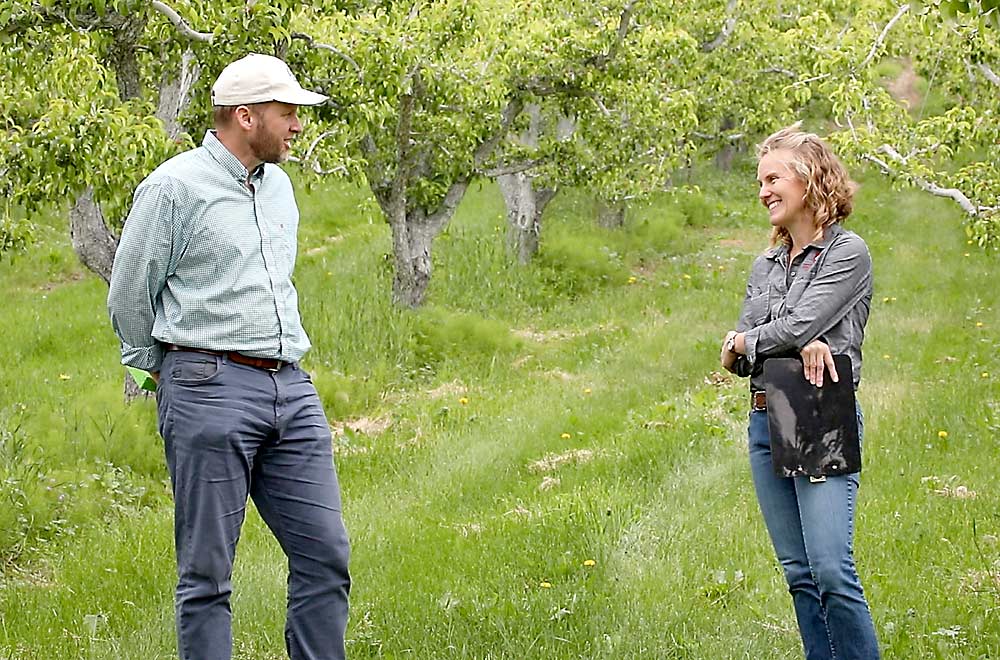 WSU soil scientist Troy Peters talks with extension specialist Tianna DuPont about soil moisture sensors during the filming of a virtual field day. (TJ Mullinax/Good Fruit Grower)