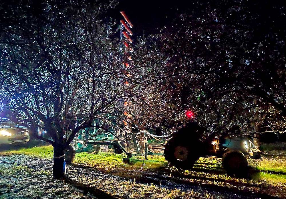 A prototype mechanical pollinator creeps through an almond orchard in February this year in Israel. The machine, under development by Edete Precision Agriculture Technologies, uses horizontal “cannons” fastened to a vertical stanchion to blast dry pollen onto waiting blossoms. The goal is to automate the process using lasers and GPS. (Courtesy Edete Precisions Agriculture Technologies)
