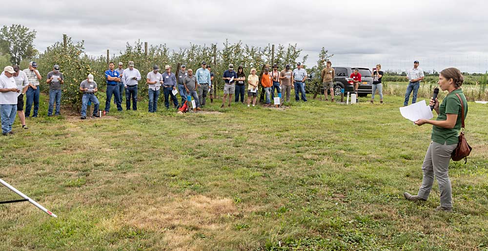 Integrated pest management specialist Janet van Zoeren, right, discusses results from the herbicide trial at Kast Farms during Cornell Cooperative Extension’s Lake Ontario Fruit Program last August. (Matt Milkovich/Good Fruit Grower)