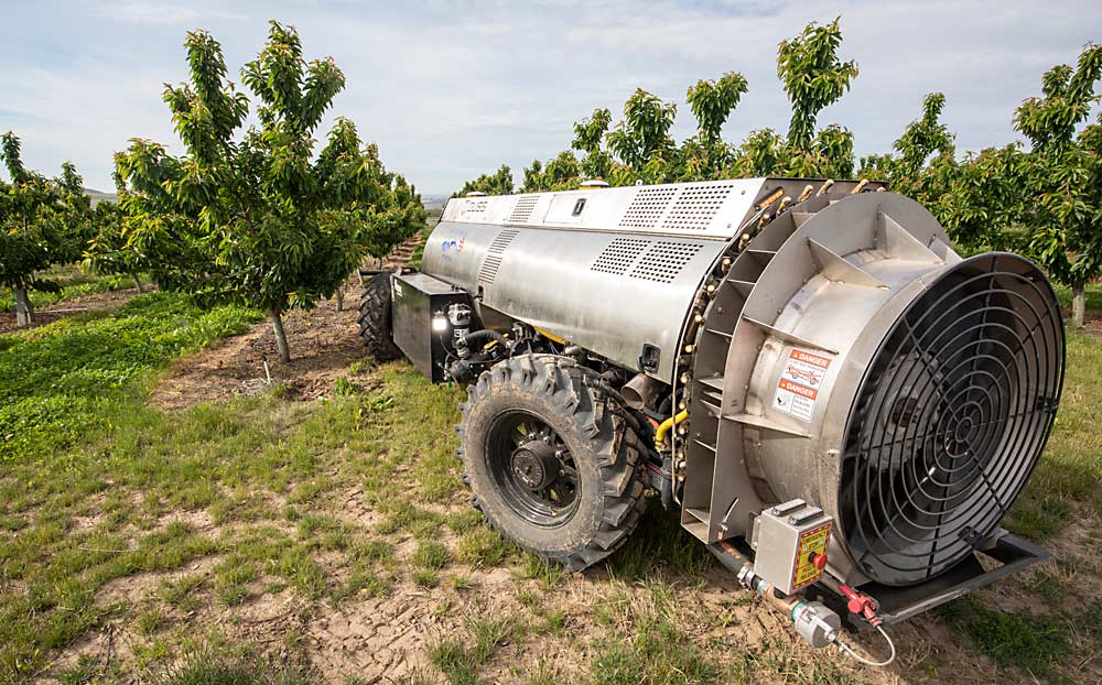 Four-wheel steering improves the sprayer’s ability to turn from row to row. (TJ Mullinax/Good Fruit Grower)