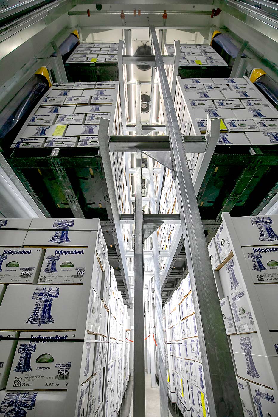 As conditioning and packaging complicate the pear category, automated storage and retrieval systems such as this one, seen at Mount Adams Fruit’s cold storage facility in Bingen, Washington, in 2019, help ensure the right pallet ends up in the right place every time, said Doug Gibson, vice president of Mount Adams. (TJ Mullinax/Good Fruit Grower)