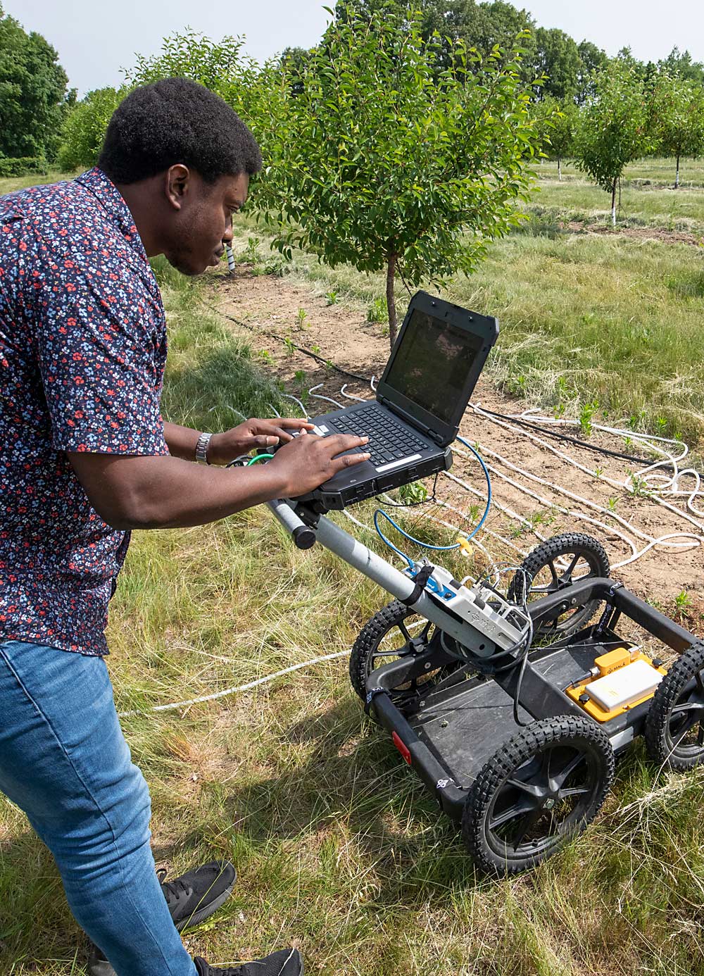 John Salako operates the MALA ground-penetrating radar machine at the Clarksville cherry block. The ropes on the ground help guide the machine, which can probe to a maximum depth of about 2.5 meters. (TJ Mullinax/Good Fruit Grower)