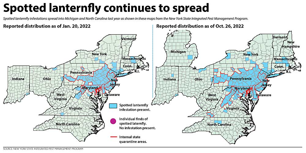 뉴욕주 통합 해충 관리 프로그램(New York State Integrated Pest Management Program)의 이 지도에서 볼 수 있듯이 작년에 점박이 랜턴플라이 만연이 미시간과 노스캐롤라이나로 퍼졌습니다.  (출처: 뉴욕주 통합 해충 관리 프로그램)