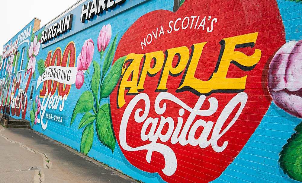 A new mural in Berwick, Nova Scotia, celebrates the community's 100 years of apple heritage, from 1923 to 2023. Apples have been grown in Nova Scotia even longer, since the early 17th century.  (TJ Mullinax/Good Fruit Grower)