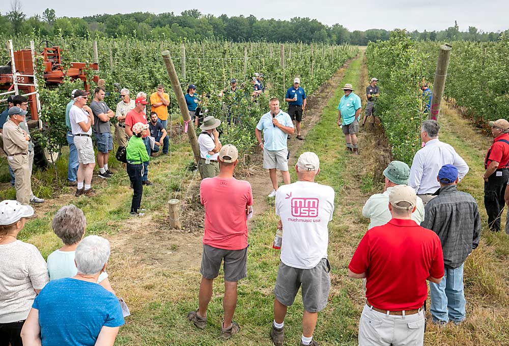 Grower David Tower shares his experience with blossom thinning during the 2019 Lake Ontario Fruit’s summer tour in Niagara County, New York, organized by Cornell Cooperative Extension. He saw an increased size in the Gala block where he tried it last year. (TJ Mullinax/Good Fruit Grower)