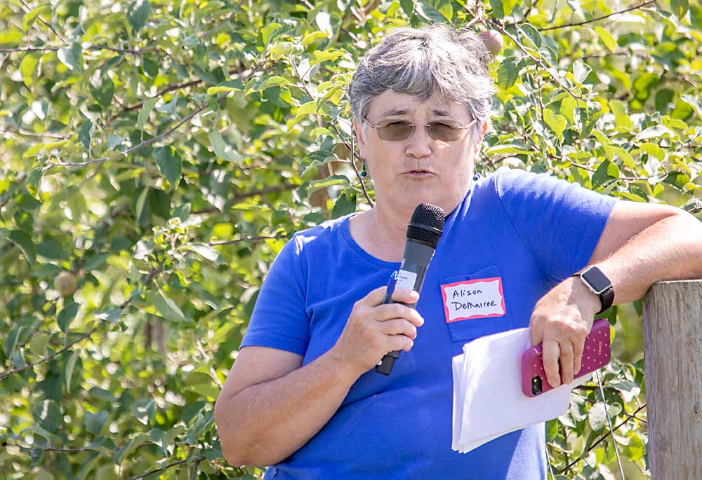 Alison DeMarree talks about her experience using Extenday during the Lake Ontario Fruit Program summer tour in July 2019. It definitely improves color, but moving it from block to block adds to her labor costs, she said. (TJ Mullinax/Good Fruit Grower)