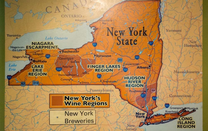 A map showing several of New York's wine regions at the New York Wine and Culinary Center in Canandaigua, New York. (TJ Mullinax/Good Fruit Grower)