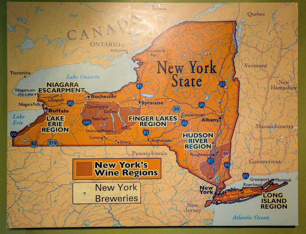 A map showing several of New York's wine regions at the New York Wine and Culinary Center in Canandaigua, New York. (TJ Mullinax/Good Fruit Grower)