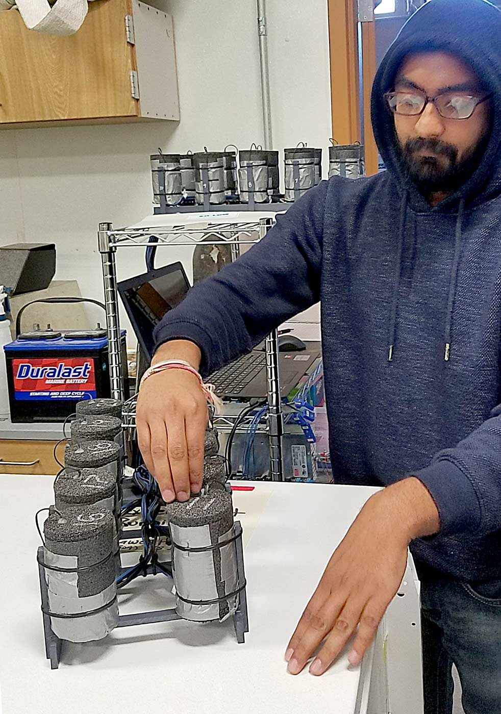 Amit Bhasin uses metal cups, or “polar pods,” to measure blueberry cold hardiness as part of the nutrition study at Washington State University’s Irrigated Agriculture Research and Extension Center in Prosser. (Courtesy Lisa DeVetter/Washington State University)