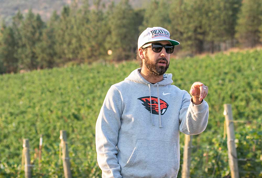 Alexander Levin talks about irrigation and smoke impact trials at a commercial vineyard outside Ashland, Oregon, in September. (TJ Mullinax/Good Fruit Grower)