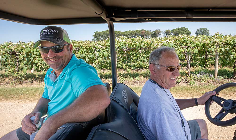 Ed Oxley drives his son, Chris, through one of their Lawton vineyard blocks. They grow 700 acres of grapes, 150 of them wine grapes. They’re planting more cold-hardy Minnesota varieties to combat Michigan’s tough winters. (TJ Mullinax/Good Fruit Grower)