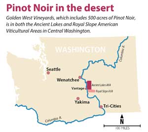A map showing the Ancient Lakes and Royal Slope American Viticultural Areas in Central Washington. (Jared Johnson/Good Fruit Grower)