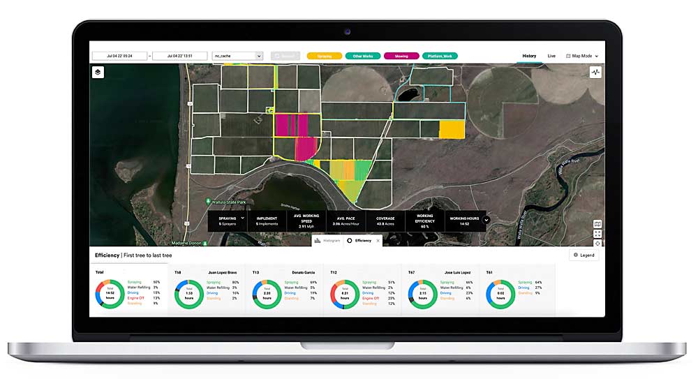 This screenshot of the Fieldin dashboard shows the efficiency metric for each of nine tractors operating on a ranch one morning in June — including a breakdown of the time spent spraying, driving, refilling and resting. This type of data, along with maps of the path each tractor took, can now help orchard managers deploy labor to spray more efficiently, said Fieldin co-founder Iftach Birger. (Screenshot: Courtesy Fieldin; Illustration: Good Fruit Grower)