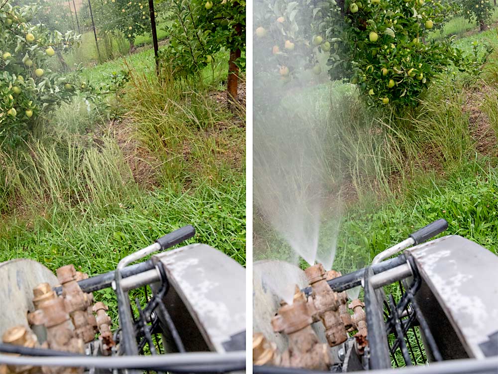 Each nozzle is individually controlled. Here, the vision system senses a gap in the tree row (left) and automatically turns off the nozzles, which resume spraying as soon as the lidar sensor detects the tree canopy again (right). (TJ Mullinax/Good Fruit Grower)