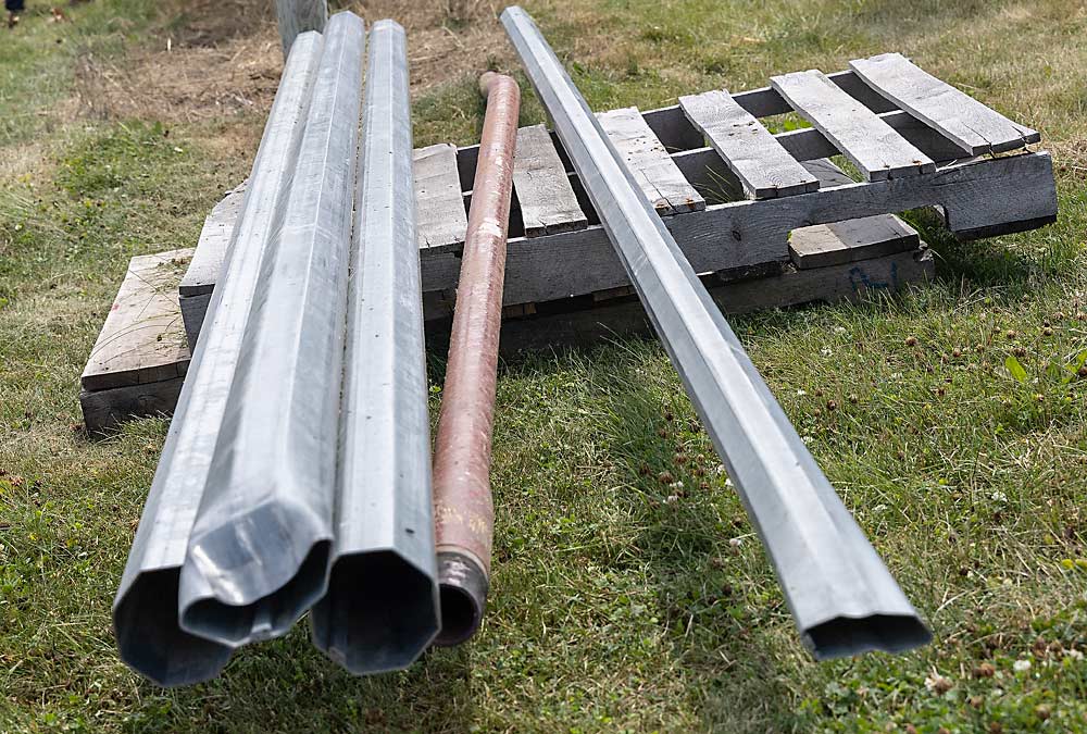 Steel orchard posts (and one fiberglass post) at MSU’s Clarksville Research Center. When used as end posts, the steel posts are cut to an angle, and the ground end is crimped 4 to 6 inches to prevent further sinking into the soil after tensioning. (Matt Milkovich/Good Fruit Grower)