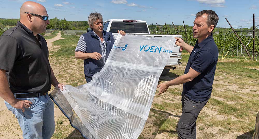 From left, Riveridge Produce Marketing operations manager Justin Finkler and VOEN representatives Reinhard Vohringer and Jakob Fausboell discuss the planned installation of coverings over a sweet cherry block in Grant, Michigan, in May. (Matt Milkovich/Good Fruit Grower)