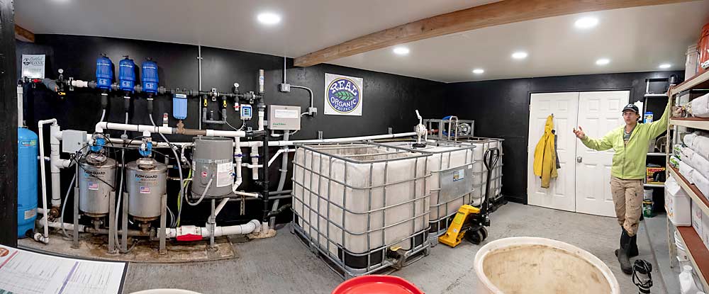 This state-of-the-art fertigation system was an investment for Sauk Farm, a 20-acre organic tree fruit farm in Washington’s Skagit Valley, but grower Griffin Berger says it’s a critical part of his approach to “build resiliency in the trees.” (TJ Mullinax/Good Fruit Grower)