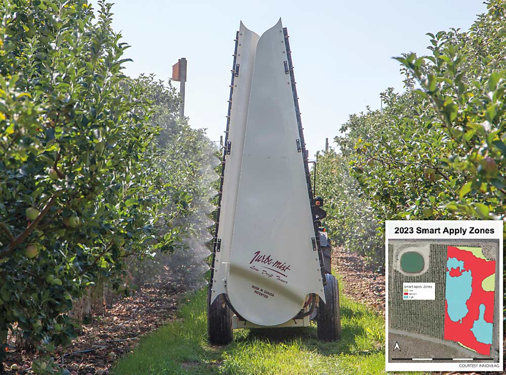 A Turbo-Mist sprayer with Smart Apply technology demonstrates with water in August at a field day at the Smart Orchard near Grandview, Washington. Researchers are testing the combination of a smart sprayer, which only sprays where it senses vegetation, and a bloom map (inset), compiled with sensors earlier in the year, to develop precision chemical thinning technology. (Ross Courtney/Good Fruit Grower)